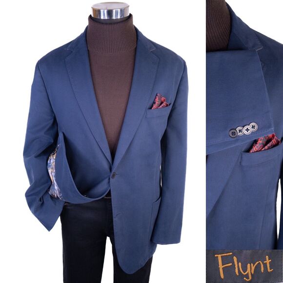 Flynt Men's Sport Coat Jacket Blazer Suede Solid Blue Sz 46L 2-Button Cotton
